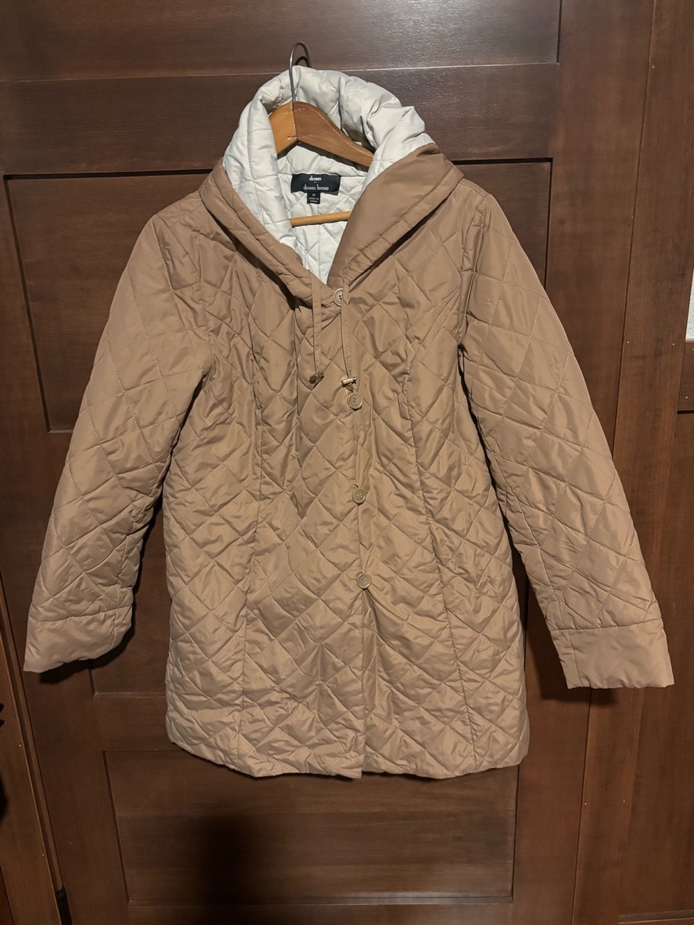 dennis basso Quilted Tan Puffer Coat with Cream Lined Hood